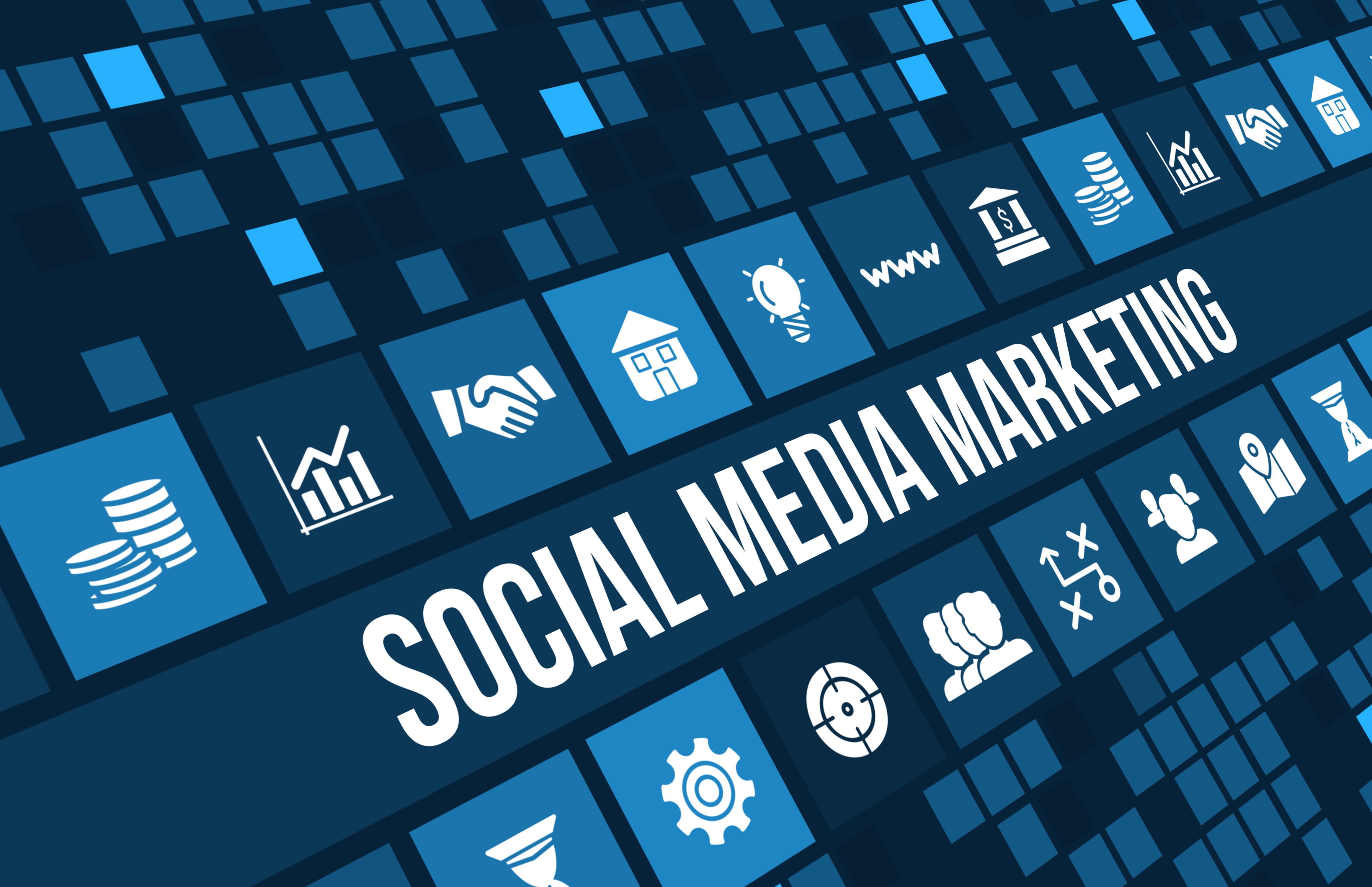 Social media marketing concept image with business icons and copyspace.