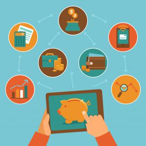 A cartoon image of two hands holding a tablet with a piggy bank on it with circle images representing other aspects of finance with arrows connecting the tablet to the circles