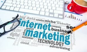 Internet marketing word cloud on office scene