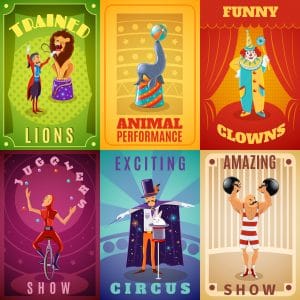 Traveling circus amazing show announcement: 6 flat banners composition with trained animals performance illustrations