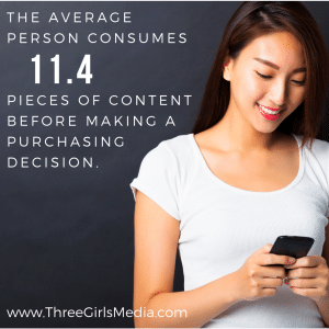 A woman looking at her phone with a content marketing statistic overlaid on top.