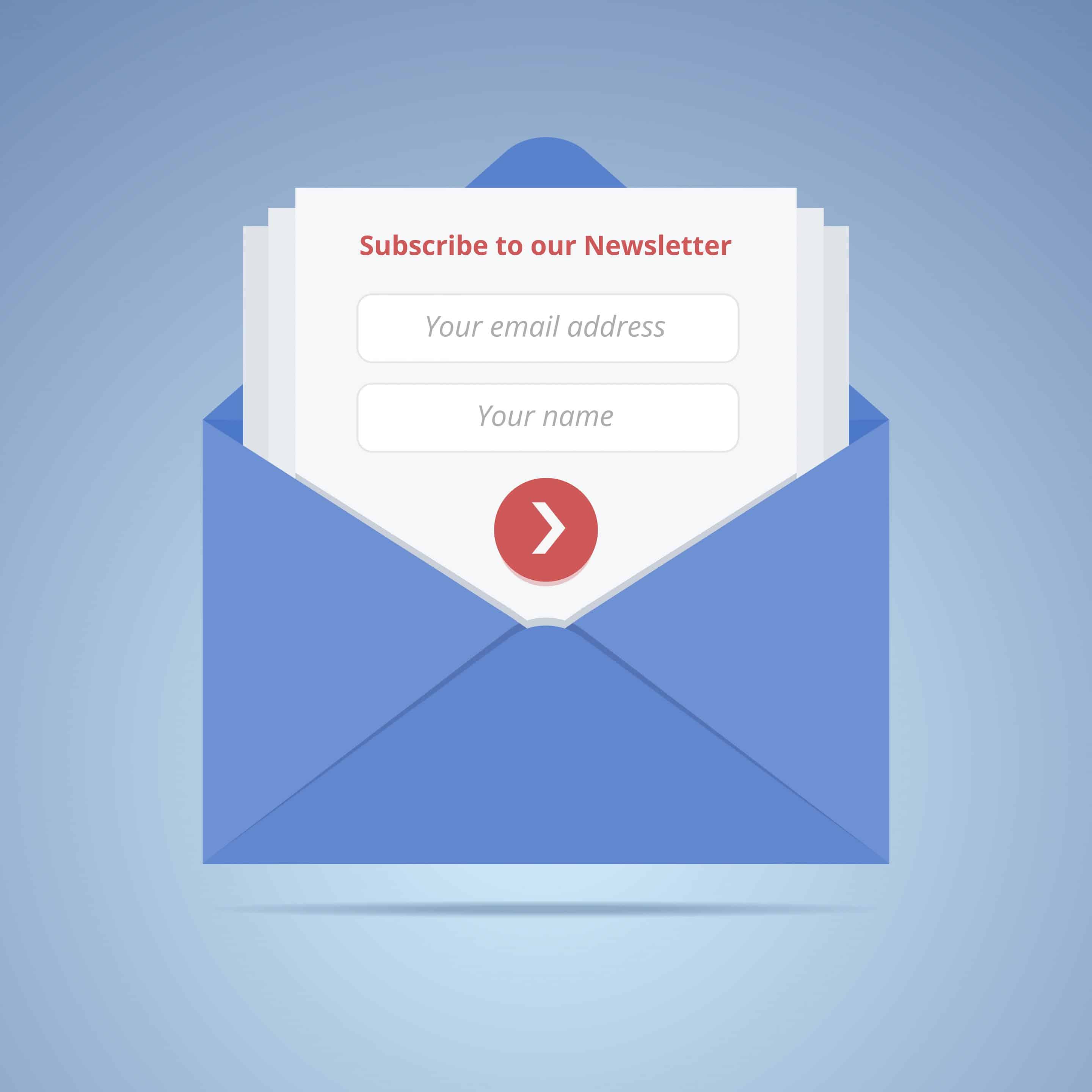 Blue envelope with subscription form in flat style for email marketing or website. Vector illustration.