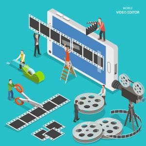 Mobile video editor flat isometric vector concept. People create a movie on smartphone using film strip and sticky tape.