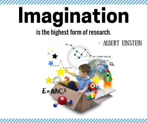 An image of a child playing in a box with science symbols and the Einstein quote superimposed
