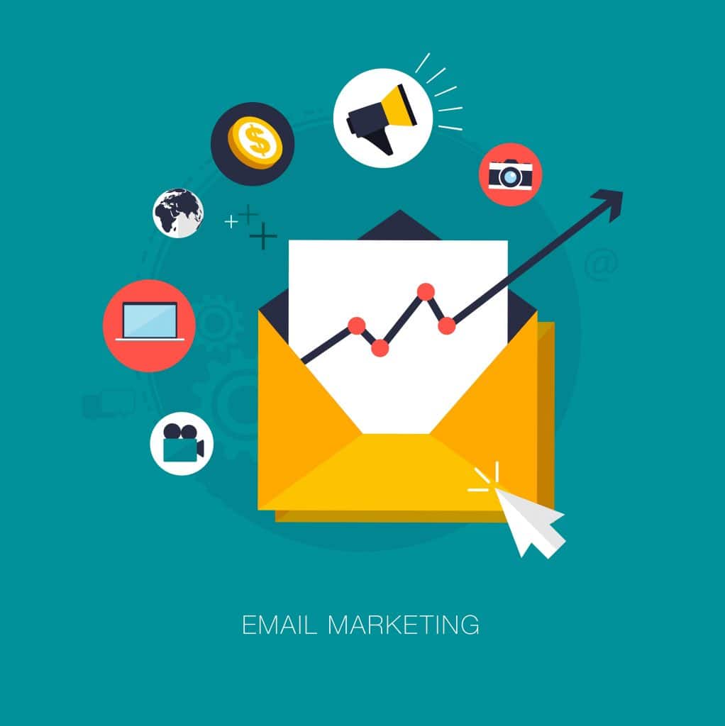 Email Marketing graphic with a chart depicting increasing sales inside of an open envelope from promotional emails.