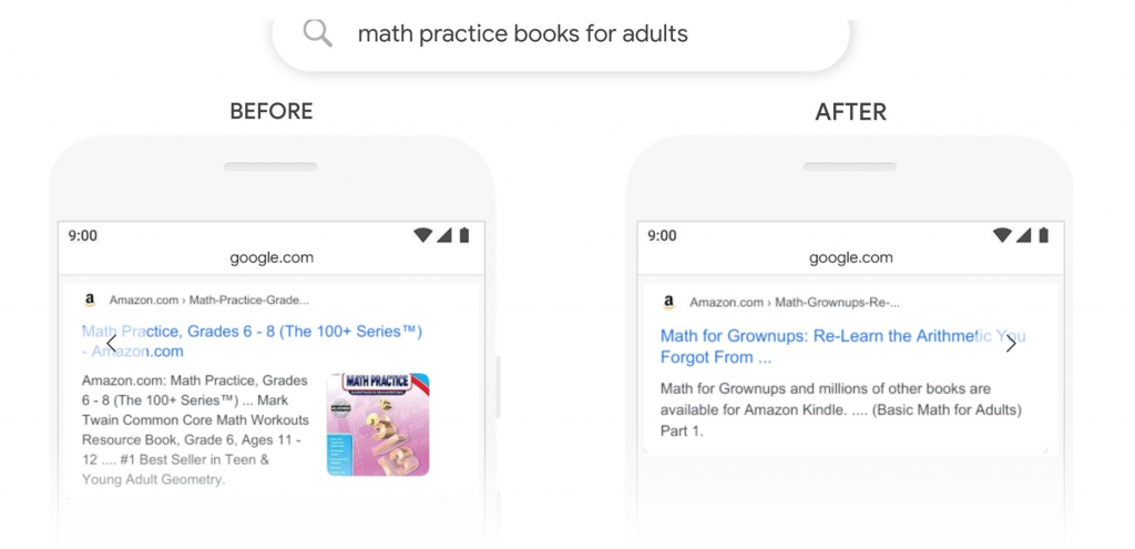 Screenshot of "math practice books for adults" with results using Google's old algorithm vs. BERT