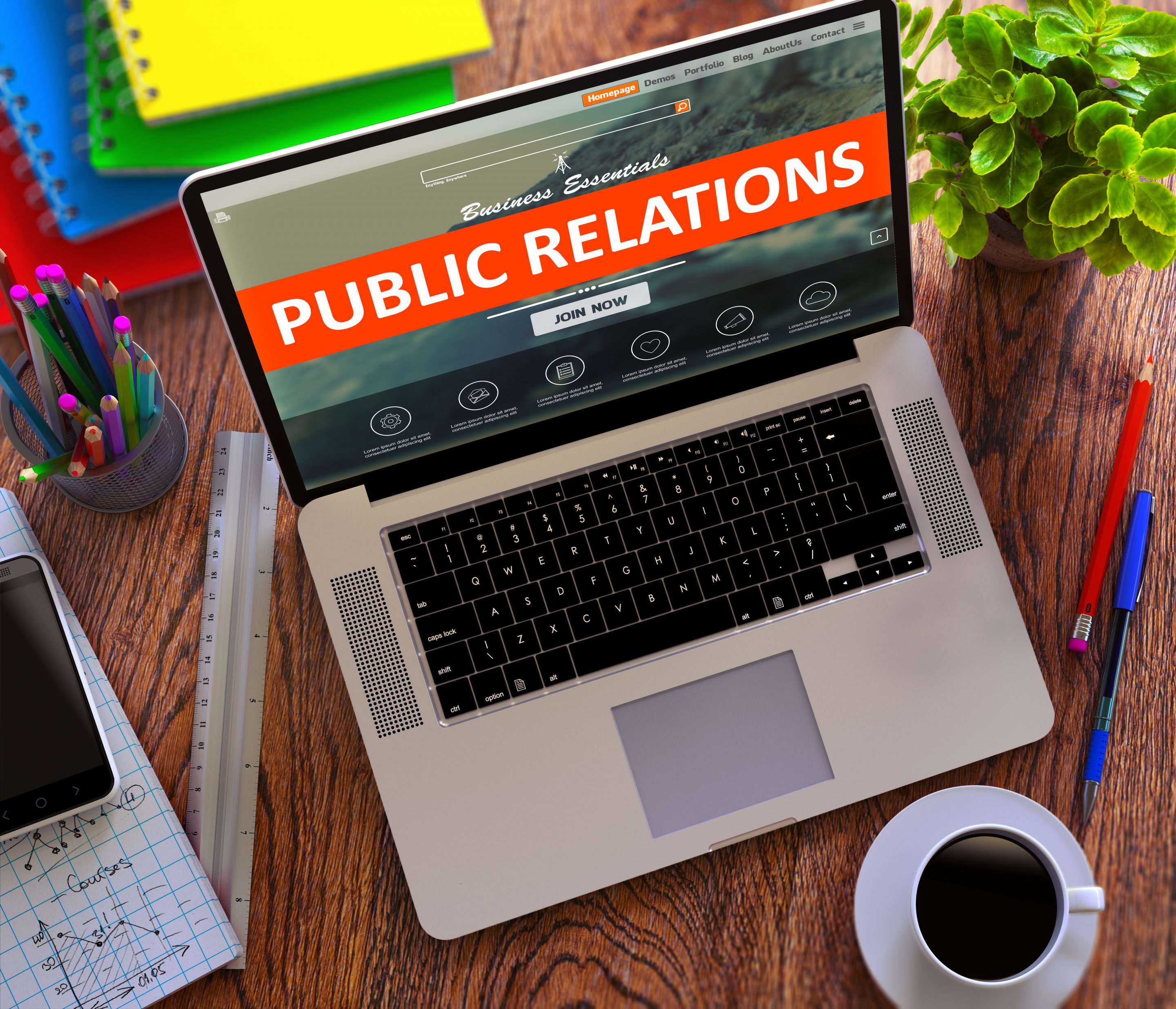 Public Relations on a laptop screen.