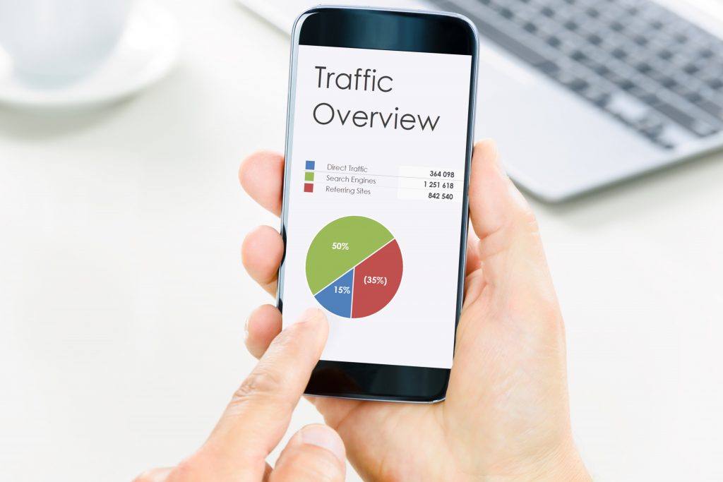 Hands holding and iPhone viewing website traffic pie chart. This photo is to demonstrate that website views are increasing because the business's website is appearing on the first page of Google.