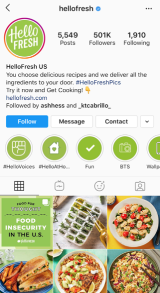 Screenshot of HelloFresh's Instagram page