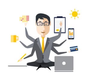 Businessman with multitasking and multi skill. Keep calm. Business concept. Flat design