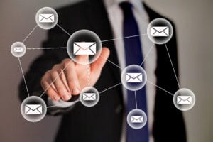 A web of email icons for public relations.