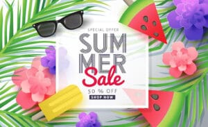 Promotional graphic to represent summer content. Includes palm trees, watermelon, sunglasses.