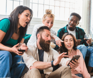 Group of friends looking at social media post.